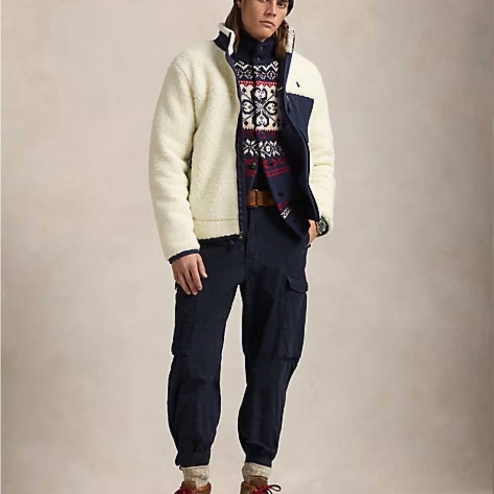 Ralph Lauren Men's Cream and Navy Pile Fleece Hybrid Jacket - Picture 4 of 13
